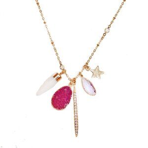🌟Gold Tone Pink Druzy Star Crystal Healing Stone Charm Necklace🌟